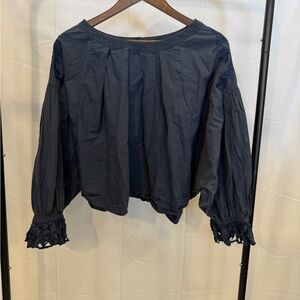 Free People Navy Peasant Top with Crochet Cuffs